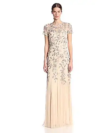 Adrianna Papell Women's Long Beaded V-Neck Dress with Cap Sleeves