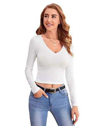 Floerns Women's Basic Square Neck Tie Front Long Sleeve Crop Top T Shirt