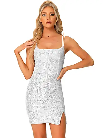 Allegra K Women's Glitter Sequin V Neck Spaghetti Strap Mini Party Dress - Silver