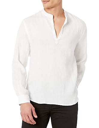 Perry Ellis Mens Long Sleeve Solid Linen Popover Shirt, Bright White, XX-Large