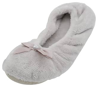 Slumberzz Ladies Girls Plush Fur Trim Ballerina Bow Slippers Pink Grey Size 3/4 5/6 7/8 