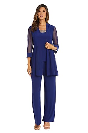 R&M Richards Womens Beaded Neck 2 Piece Pant Suit - Mother of The Bride Outfit -Petite (Royal, 12)