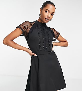 Liquorish embellished front A-line mini dress with sheer lace detail sleeves-Black