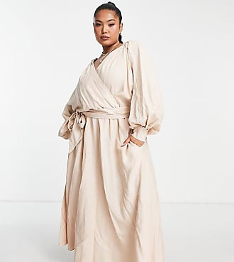 Asos Curve linen wrap midi dress with elastic back detail in stone-Neutral