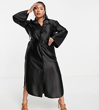 Asos Curve ASOS DESIGN Curve wide sleeve satin belted midi shirt dress in black