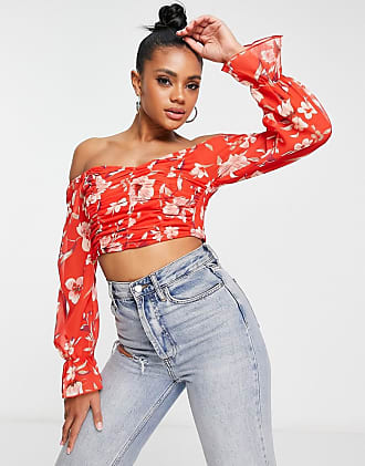 Fashion Tops Off-The-Shoulder Tops Black Premium by EMP Off-The-Shoulder Top red-black flower pattern casual look 