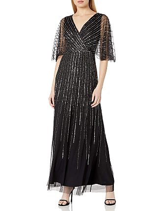 Adrianna Papell Womens Sequin V Neck Dress with Flutter Sleeves, Black/Mercury, 4