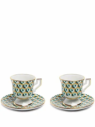 LA DOUBLEJ Set of two gold-plated painted porcelain espresso cups and  saucers