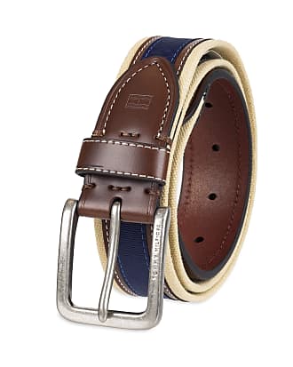 Tommy Hilfiger Men's Khaki/Brown/Navy Canvas/Leather Ribbon Belt 