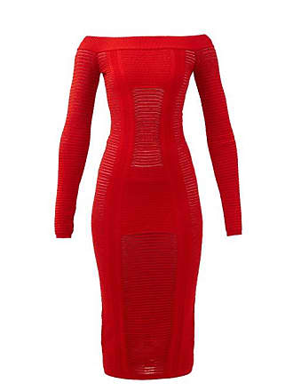 Balmain Cutout-rib Off-the-shoulder Knitted Dress - Womens - Red