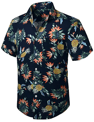 Hisdern Men Funky Hawaiana Ananas Camicie Manica Corta Tasca Frontale Vacanze estive Aloha Stampate Beach Casual Hawaii Shirt Navy Blue 3XL