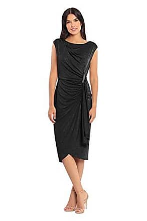 London Times Womens Glitter Drop Shoulder Side Ruched Sheath Dress, Black, 4