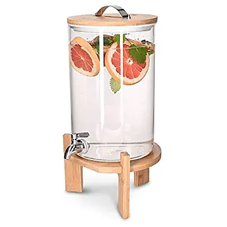 Navaris Beverage Dispenser with Stand - 13 Gallon (5L) Glass Drink Dispenser with Spigot, Lid, Wood Stand for Hot or Cold Drinks
