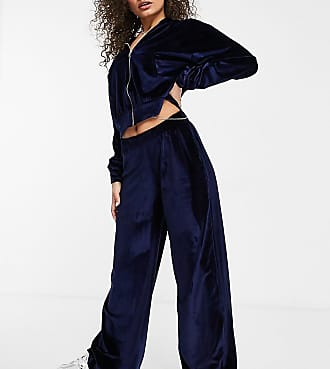 Fashionkilla exclusive velour wide leg trouser co ord in navy-Blue