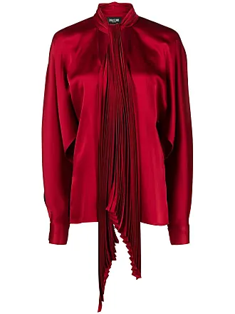 Women's Red Fitted Luxury Satin Blouse - Pussy Bow