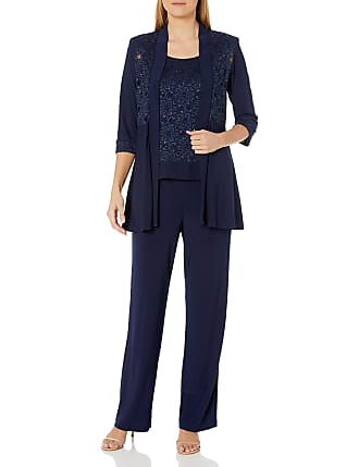 R&M Richards Womens Lace ITY 2 Piece Pant Suit - Mother of The Bride Outfit, 6 Navy