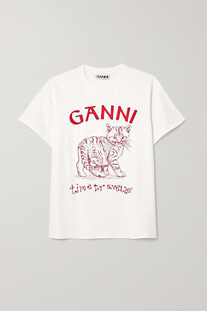 Ganni - Flower-Print Organic-cotton T-Shirt - Womens - Light Blue