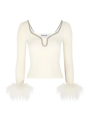 Self Portrait Feather-trimmed Ribbed-knit top - Off White - XS (UK6 / XS)