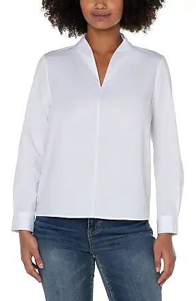 Long Sleeve Zip-Up Cotton Poplin Blouse, White