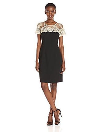 Chetta B Womens Sheath Dress with Embroidered Gold Lace, Black, 6