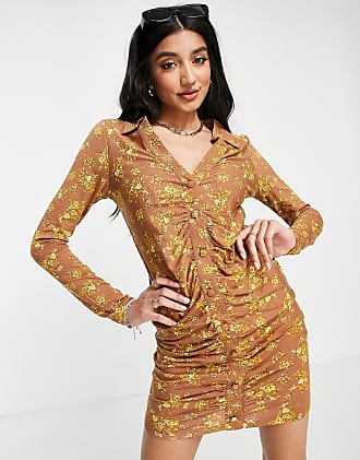 Asos mini shirt dress with ruching in mustard floral print-Yellow