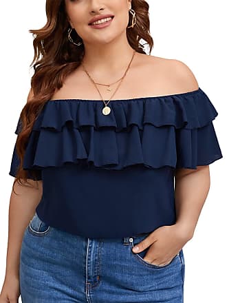 Romwe Womens Plus Size Ruffle Off Shoulder Short Sleeve Blouse Shirt Tops Navy 3XL