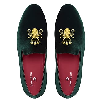 Santimon Loafers Mens Velvet Slip on Vintage Dress Casual Shoes with Gold Embroidery Smoking Slipper Flats Green 8.5 UK