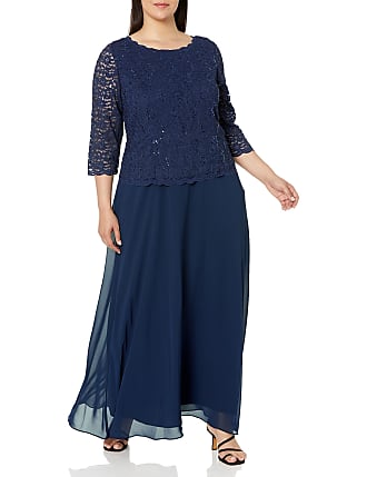 Alex Evenings Womens 16W Plus Size Lace Mock Dress with Long Full Skirt, Navy