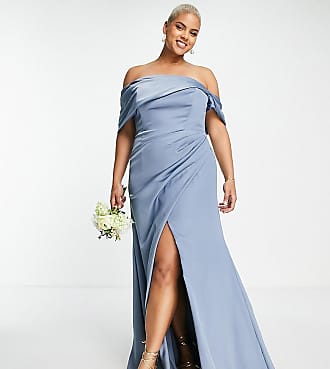 Asos Curve satin bardot drape wrap maxi dress in dusky blue