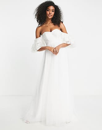 Asos Tabitha embroidered off shoulder wedding dress with mesh full skirt-White