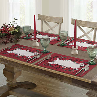 Christmas Cottage Floral Bordered Print Easy Care Newbridge Presley Red and White Poinsettia Double Bordered Christmas Fabric Tablecloth 52 Inch x 70 Inch Oblong/Rectangle Stain Release Tablecloth 