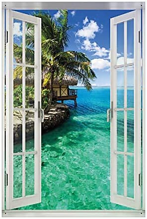 Meer Karibik Wallario Premium Glasbild Sonnenboot unter Palmen 20 x 20 cm