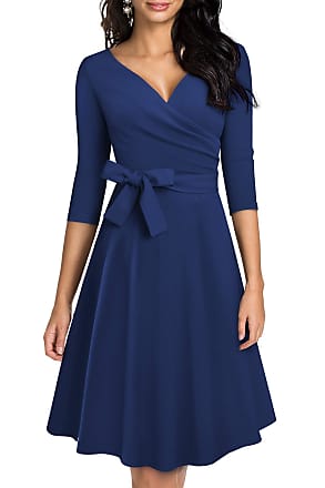 Homeyee Womens Retro 50s V Neck Ruched with Sash Swing Cocktail Party Pleated Dress A240 (XXL, Navy Blue)