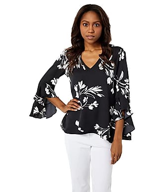 Vince Camuto Tossed Flowers Printed Pleat Back Blouse Rich Black 1X NEW A352434