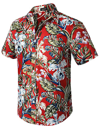 Hisdern Uomo Camicie Floreali hawaiane Funky Manica Corta Tasca Frontale Holiday Summer Aloha Printed Beach Camicia Casual Rossa Hawaii