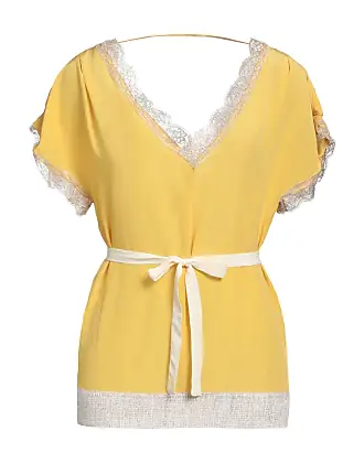 Entyinea Womens Tops V Neck Flare Short Sleeve Blouses Summer Solid Color  Hollow Shirts Yellow XXL