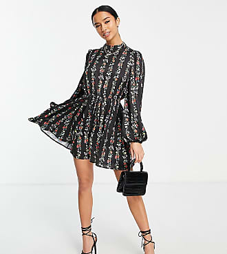 Asos Petite ASOS DESIGN Petite high neck satin mini skater dress in black linear floral print-Multi