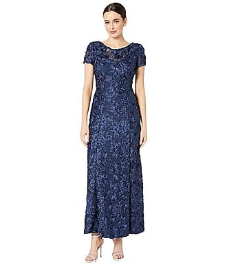 Alex Evenings Long A-Line Rosette Dress with Sequin Detail