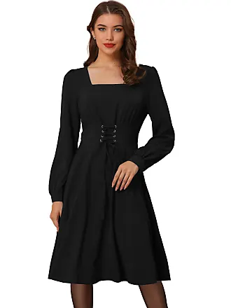 Allegra K Women's Elegant V Neck Lantern Long Sleeve Belted A-line