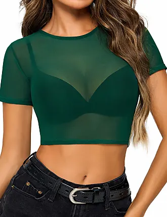 Avidlove Women Mesh Top Sexy Sheer Crop Tops See Through Short Sleeve Shirt  with Bra