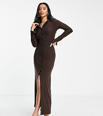 Asos Petite ASOS DESIGN Petite long sleeve slinky maxi shirt dress in chocolate brown