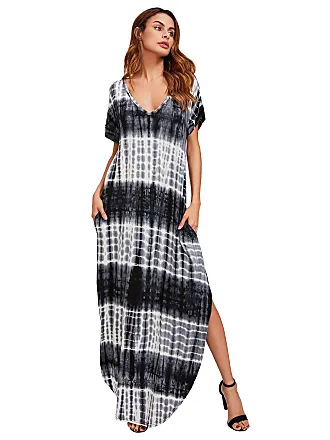 MakeMeChic Women's Boho Maxi Short Sleeve Split Pockets Tie Dye Long Dress  Grey XS at  Women's Clothing store