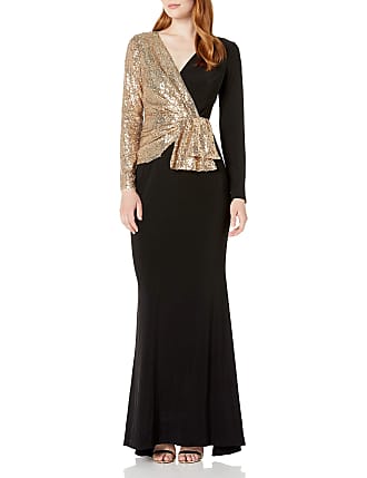 Adrianna Papell Womens Sequin Jersey Mixed Gown, Black/Gold, 2