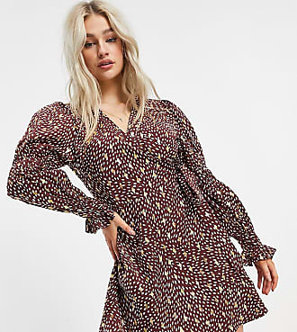 Outrageous Fortune Petite wrap midi dress with gold foil print in brown