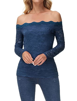 Kate Kasin Off The Shoulder Lace Top for Women Long Sleeve Sexy Lace Summer Casual Shirt Tops Navy