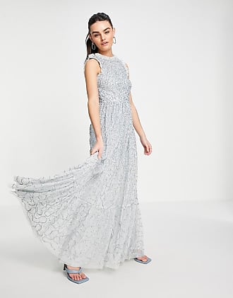 Maya all over embellished maxi dress with lace top in ice blue-Blues