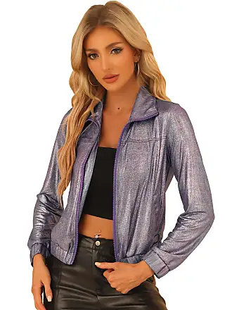 Allegra K Women's Crop Top Hoodies Holographic Shiny Metallic