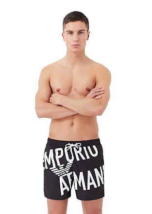 Giorgio Armani - All-Over Logo Print Swim Trunks, 100% POLYESTER, Dark Blue, Size: 52