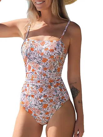 DNDKILG Women's Tummy Control Swimwear Solid Bathing Suit Short Sleeve One  Piece Swimsuit Orange M 