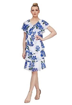 S.L. Fashions Womens Short Sleeve Tiered Chiffon Dress (Missy and Petite), Blue Ivory Floral, 8